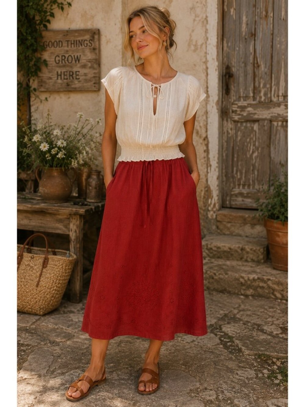 Richard Malcolm Red Linen Embroidered Midi Skirt Size 14 Boho Cottagecore - Picture 2 of 6